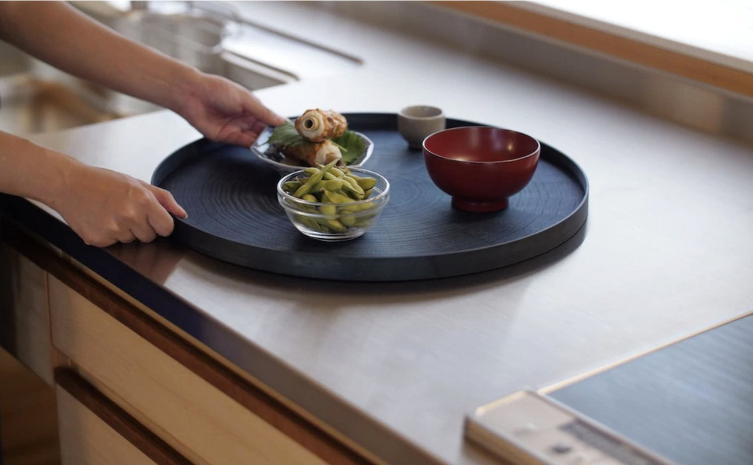 Round Rays Tray "Indigo Dyed" Large-Mori Kougei Wooden Trays-Japan-Best.net