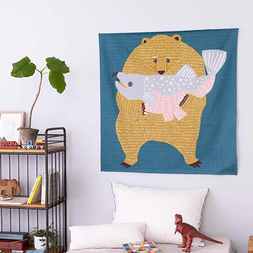 Furoshiki - Bear and Salmon Blue-www.Japan-Best.net-Japan-Best.net