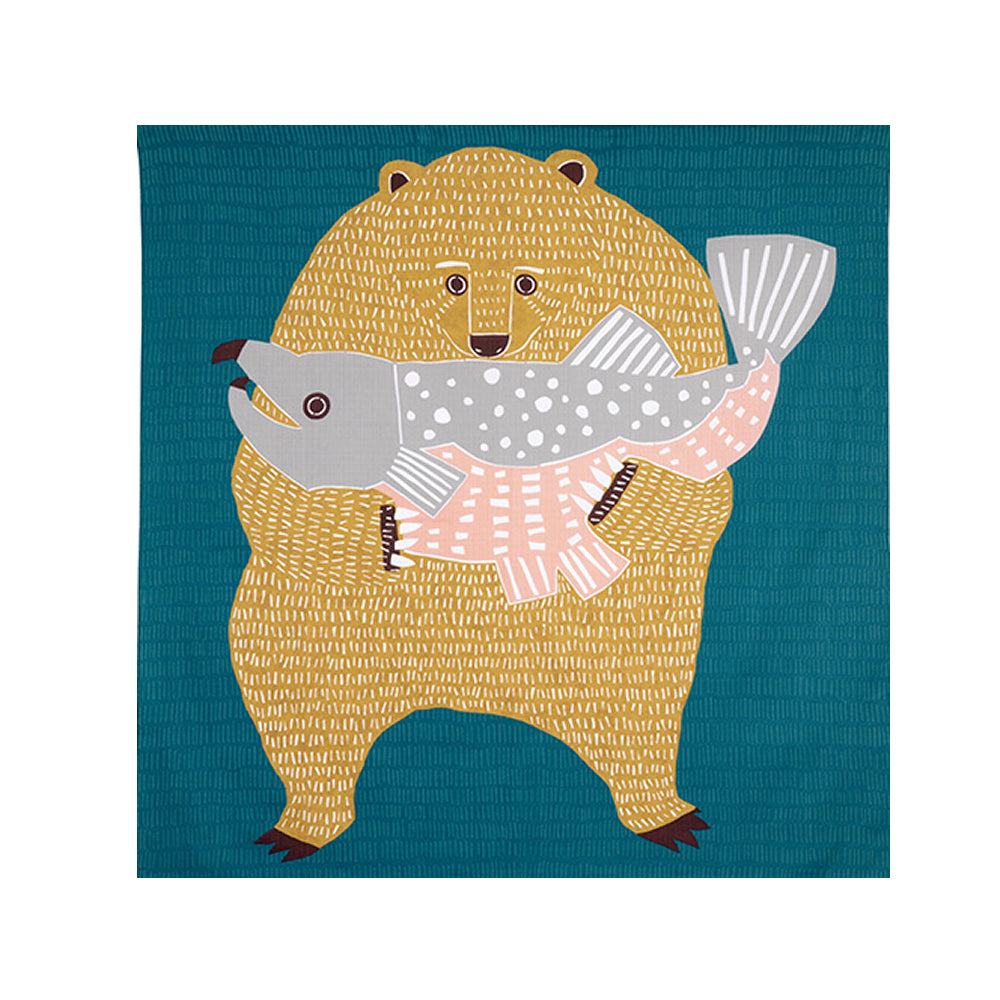 Furoshiki - Bear and Salmon Blue-www.Japan-Best.net-Japan-Best.net