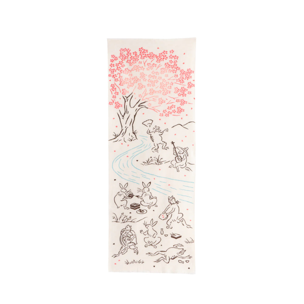 Hand-dyed Tenugui - Rabbit & Frog Cherry Blossom-www.Japan-Best.net-Japan-Best.net